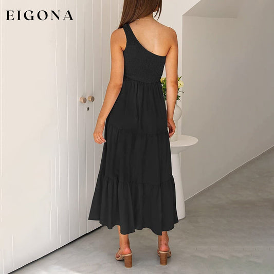 Womens One Shoulder Sleeveless Smocked Ruffle Tiered Beach Long Midi Dress __stock:200 casual dresses clothes dresses refund_fee:1200