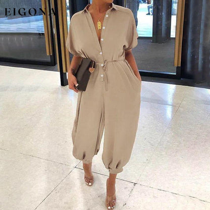 Women's Ordinary Deep V Jumpsuit Khaki __stock:200 casual dresses clothes dresses refund_fee:1200 show-color-swatches