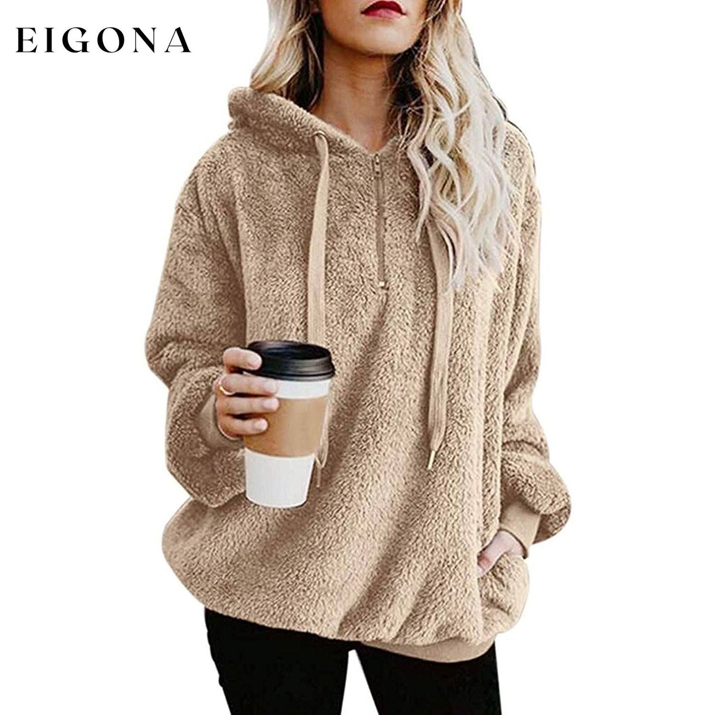 Women's Oversized Fleece Hoodie Khaki clothes refund_fee:1200 tops