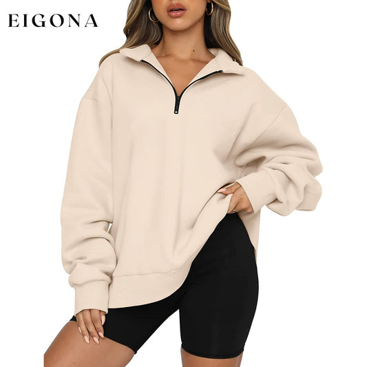 Womens Oversized Half Zip Pullover Long Sleeve Sweatshirt Apricot __stock:200 clothes refund_fee:1200 tops