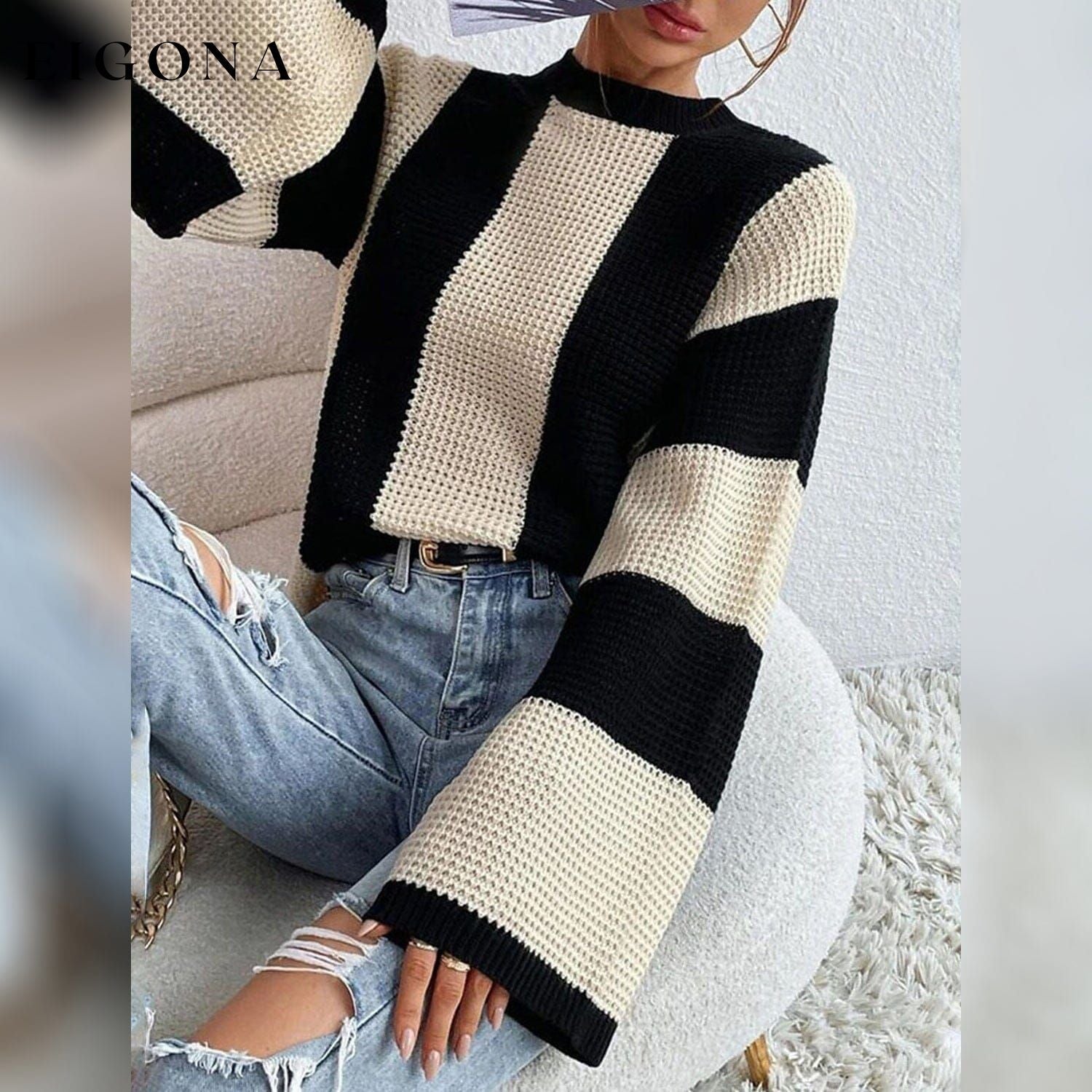 Women's Pullover Ribbed Knit Patchwork Striped Sweater __stock:200 clothes refund_fee:1200 tops