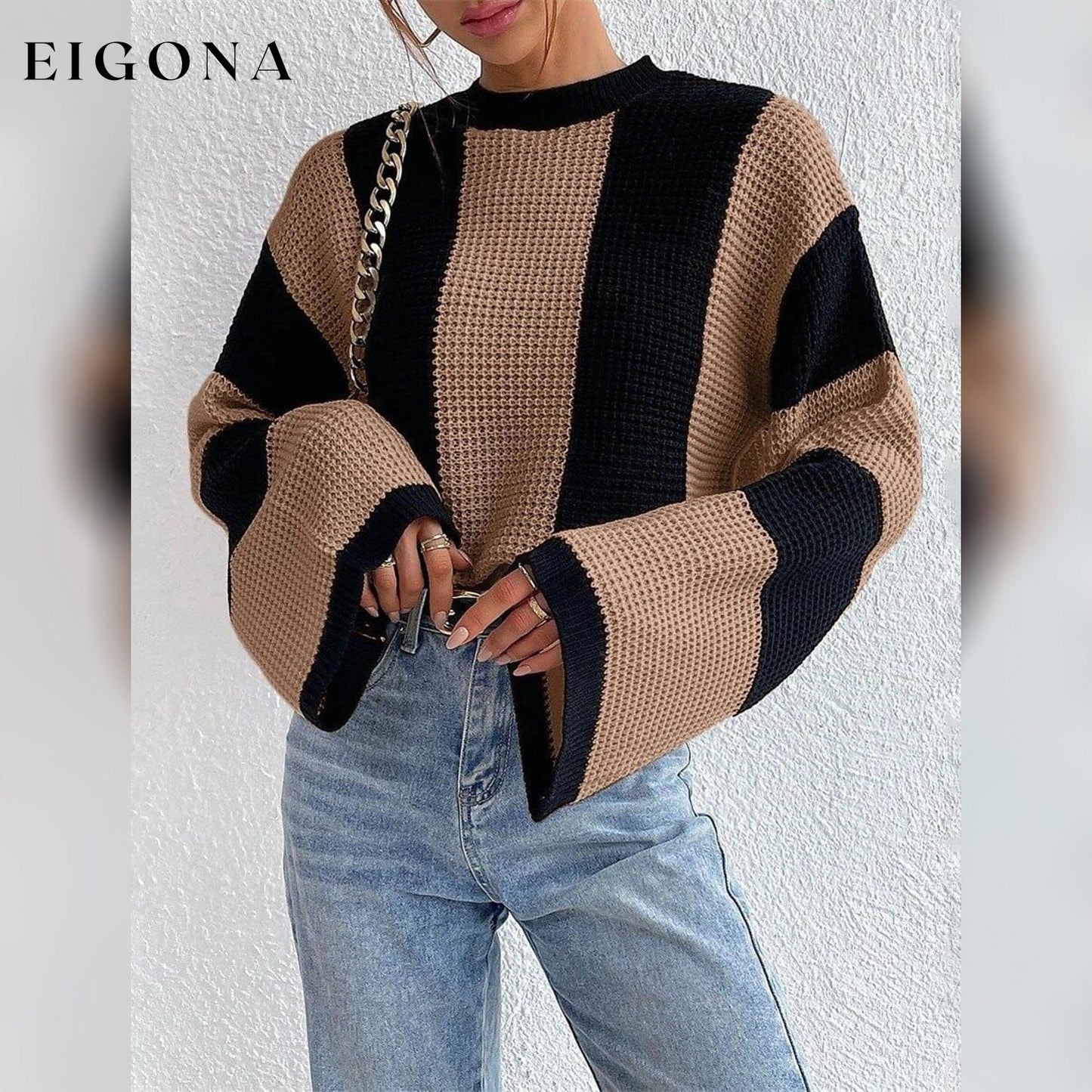 Women's Pullover Ribbed Knit Patchwork Striped Sweater __stock:200 clothes refund_fee:1200 tops