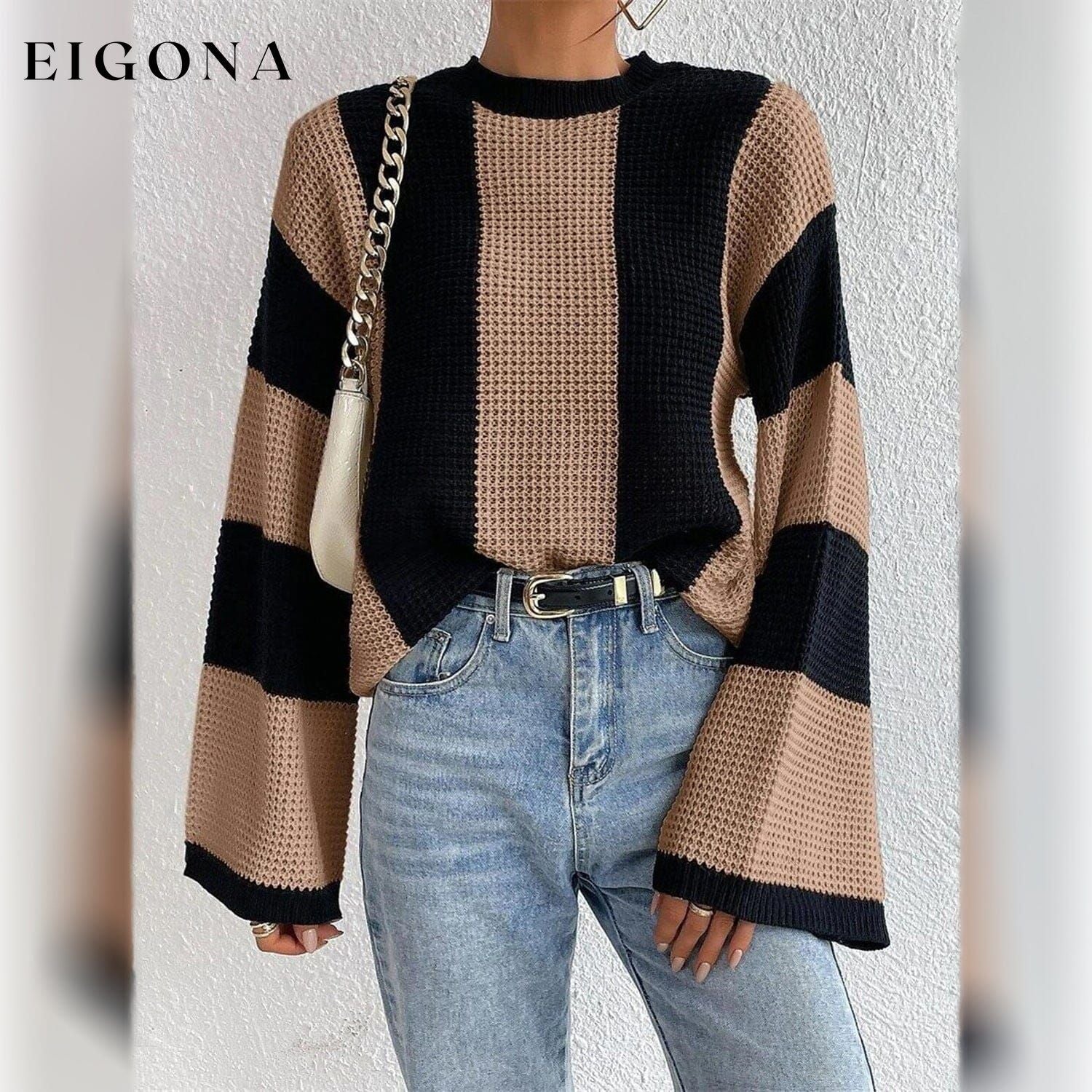 Women's Pullover Ribbed Knit Patchwork Striped Sweater __stock:200 clothes refund_fee:1200 tops