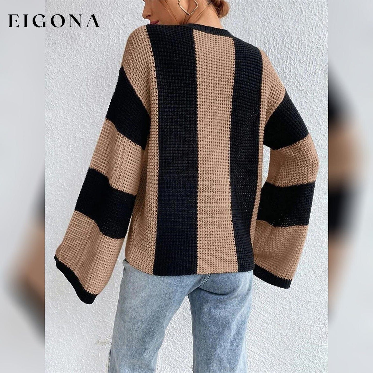 Women's Pullover Ribbed Knit Patchwork Striped Sweater __stock:200 clothes refund_fee:1200 tops