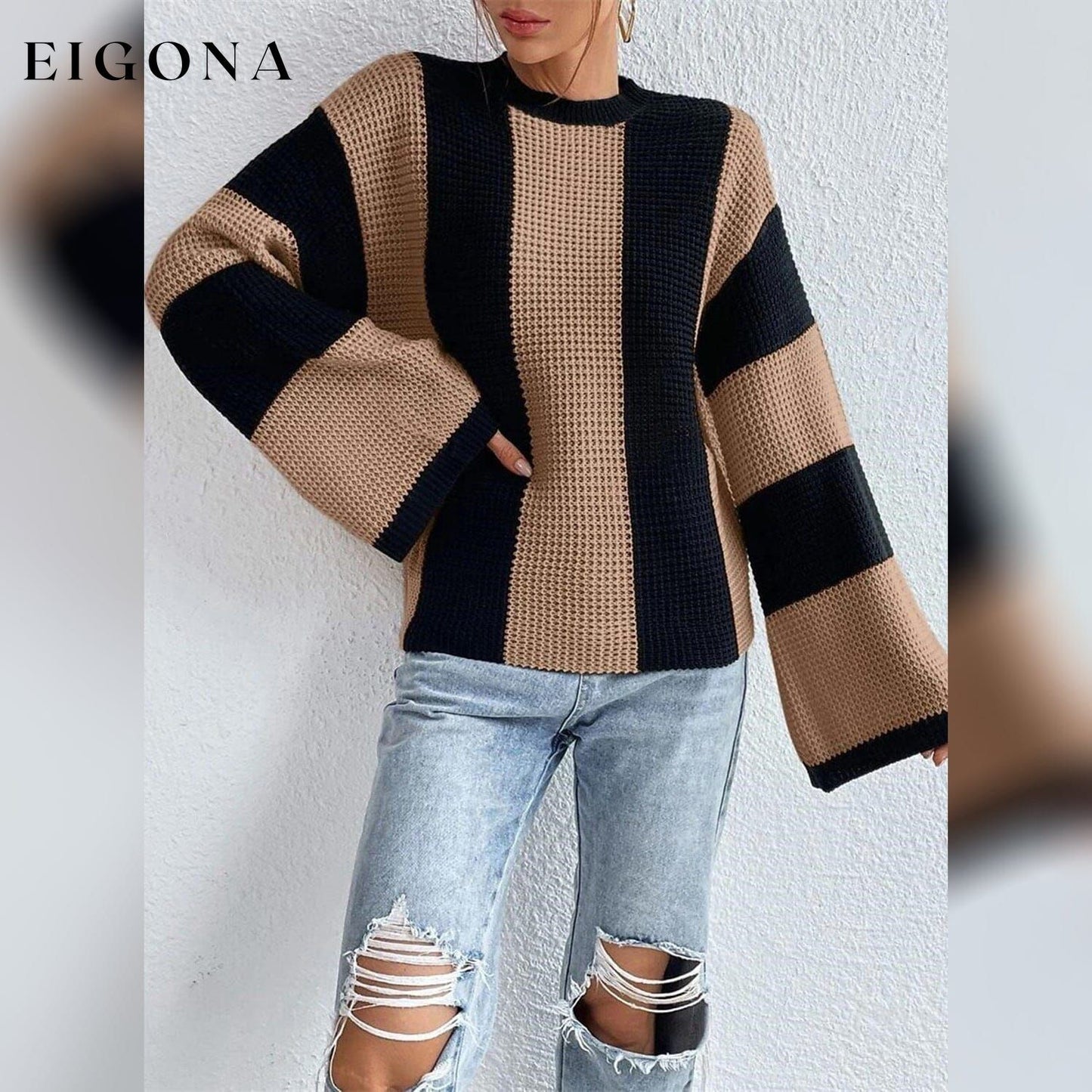 Women's Pullover Ribbed Knit Patchwork Striped Sweater __stock:200 clothes refund_fee:1200 tops