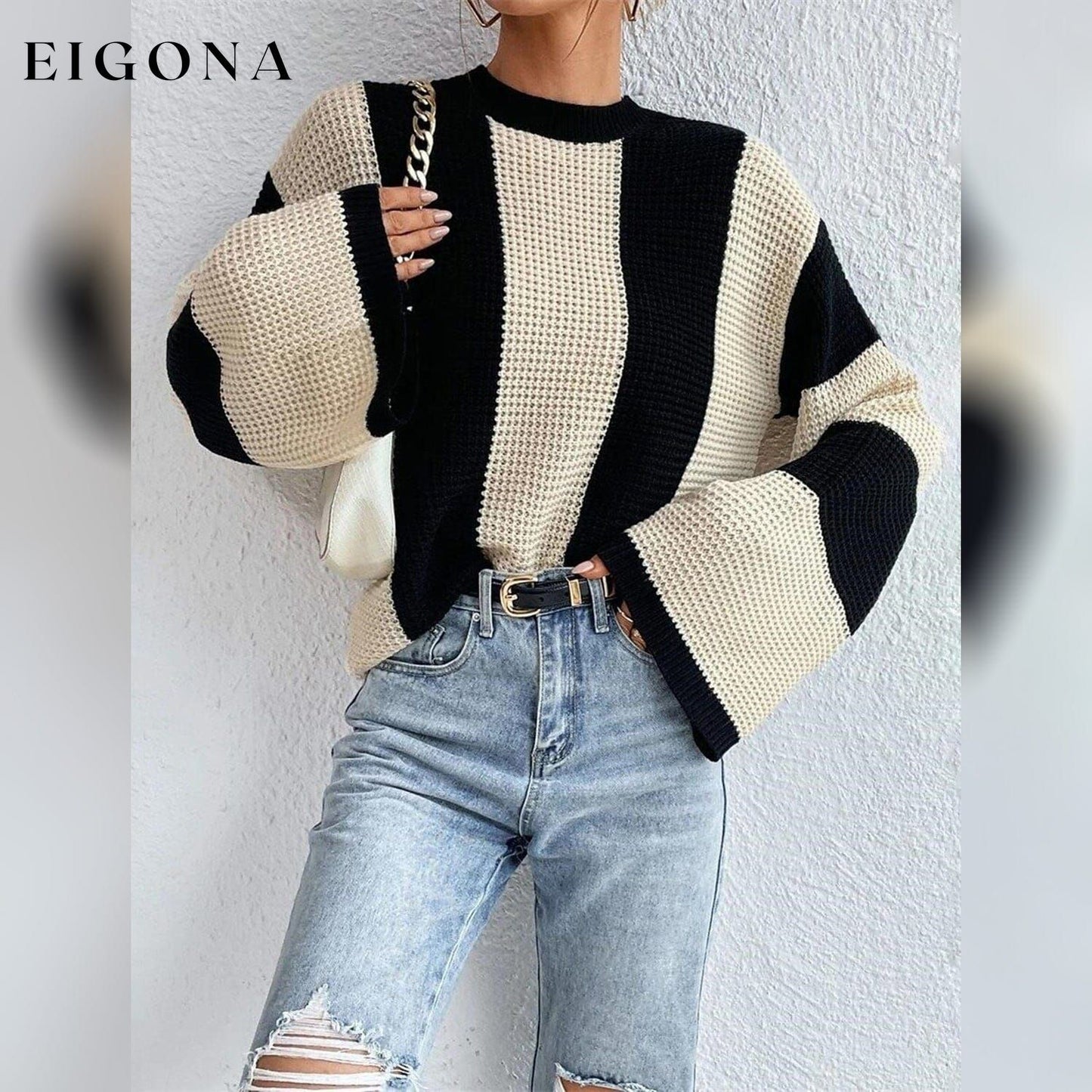 Women's Pullover Ribbed Knit Patchwork Striped Sweater __stock:200 clothes refund_fee:1200 tops