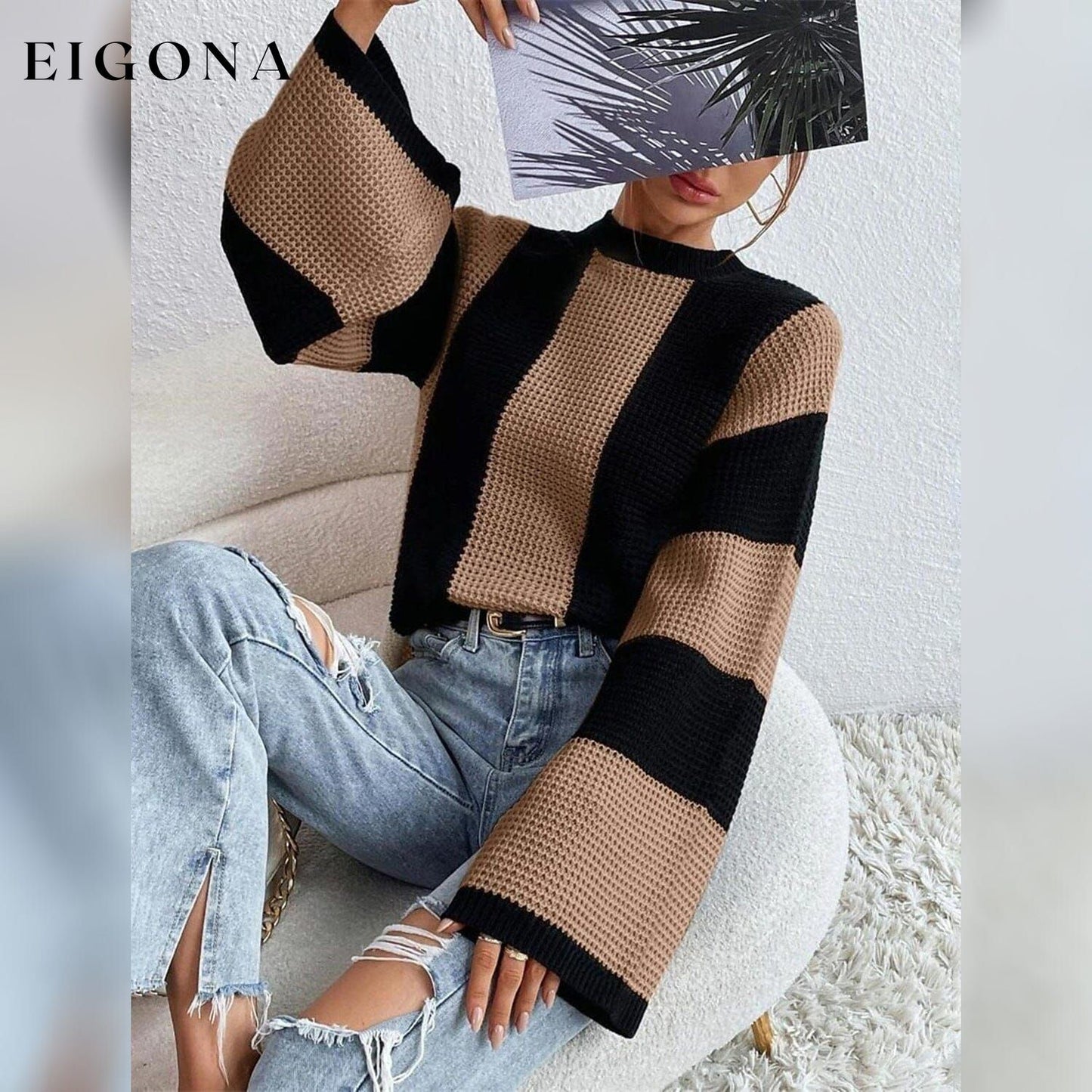 Women's Pullover Ribbed Knit Patchwork Striped Sweater __stock:200 clothes refund_fee:1200 tops