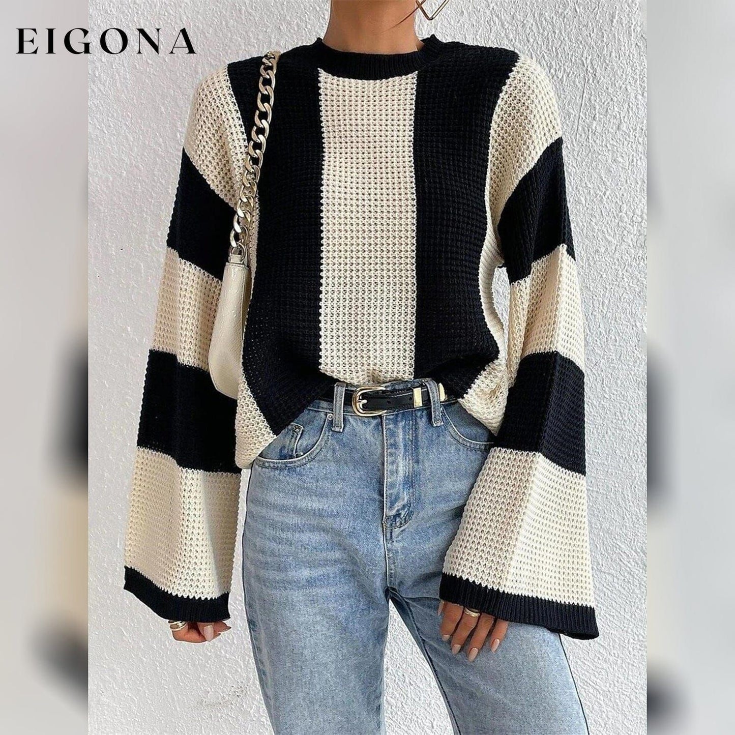 Women's Pullover Ribbed Knit Patchwork Striped Sweater __stock:200 clothes refund_fee:1200 tops