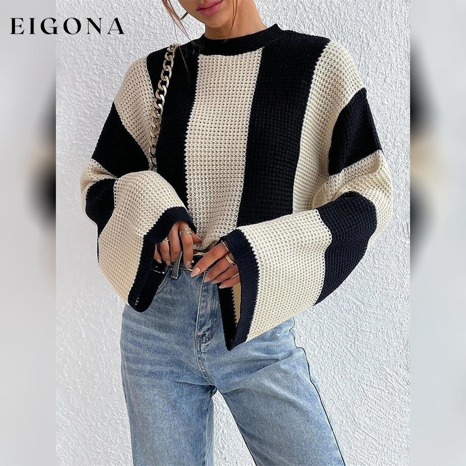 Women's Pullover Ribbed Knit Patchwork Striped Sweater __stock:200 clothes refund_fee:1200 tops