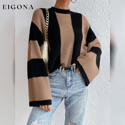 Women's Pullover Ribbed Knit Patchwork Striped Sweater Khaki __stock:200 clothes refund_fee:1200 tops