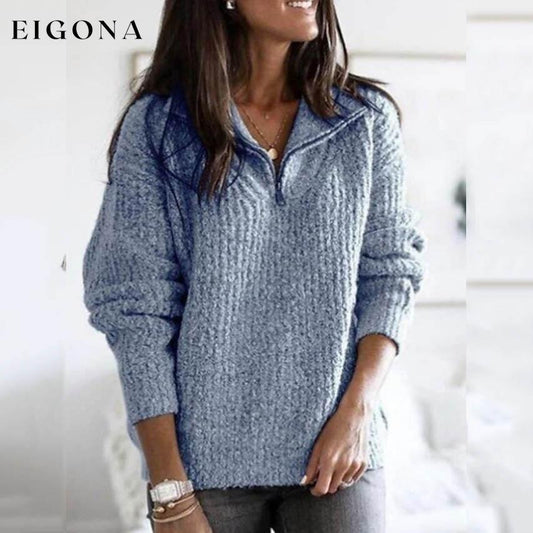 Women's Pullover Sweater Zipper Solid Color Basic Casual Long Sleeve Sweater Cardigans Blue clothes refund_fee:1200 tops