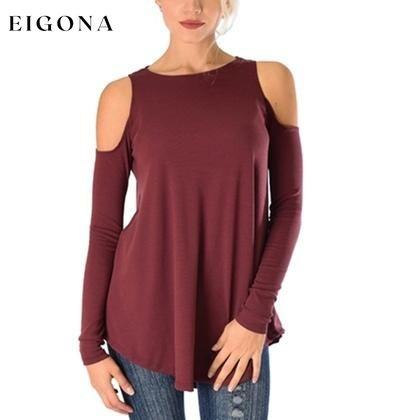 Women's Ribbed Cold-Shoulder Long-Sleeve Top - Assorted Sizes Burgundy __stock:50 clothes refund_fee:800 tops