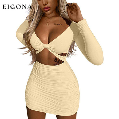 Women's Sexy Bodycon Deep V Neck Long Sleeve Cut Out Club Mini Dress Khaki __stock:200 casual dresses clothes dresses refund_fee:1200