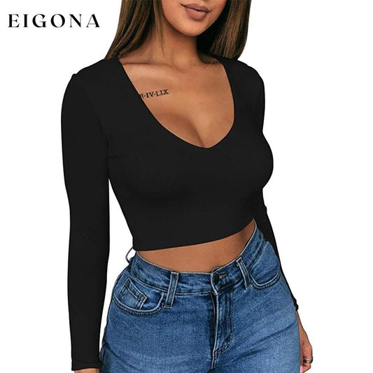 Women's Sexy Bodycon Scoop Neck Long Sleeve Slim Crop Top Black __stock:200 clothes refund_fee:800 tops