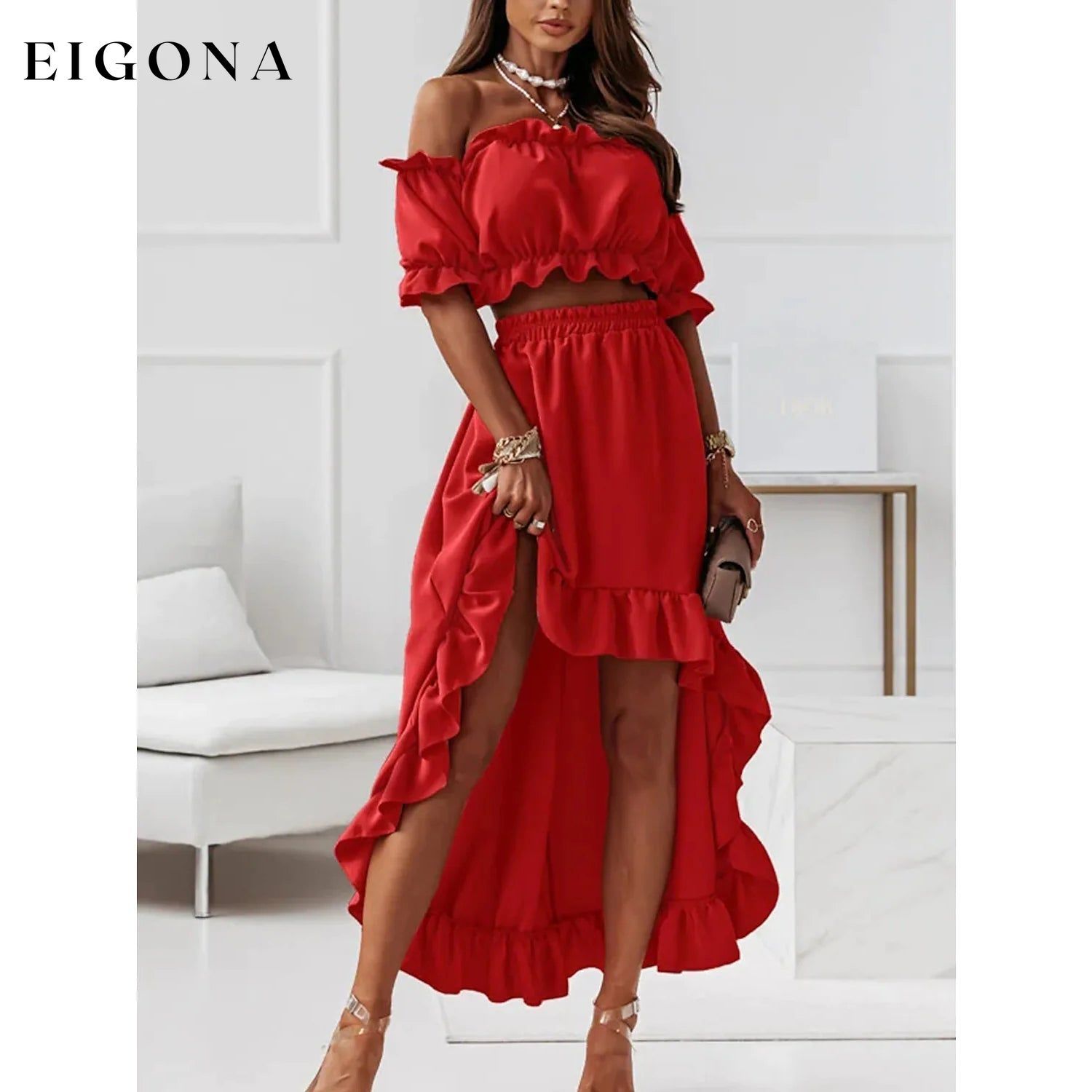 Women's Sexy Boho Solid Color Casual Dress Two Piece Red __stock:200 casual dresses clothes dresses refund_fee:1200