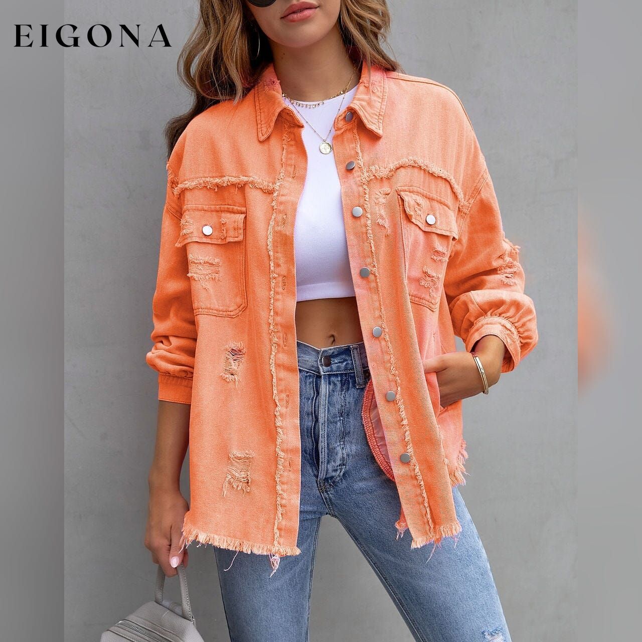 Women's Shacket Long Sleeve Denim Orange __stock:200 Jackets & Coats refund_fee:1200