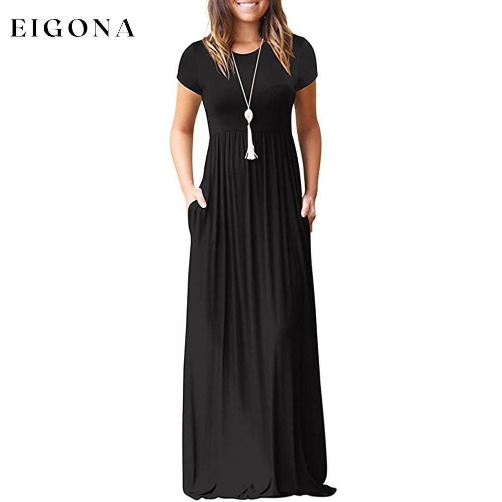 Women's Short Sleeve Loose Casual Long Dresses with Pockets Black __stock:200 casual dresses clothes dresses refund_fee:1200 show-color-swatches