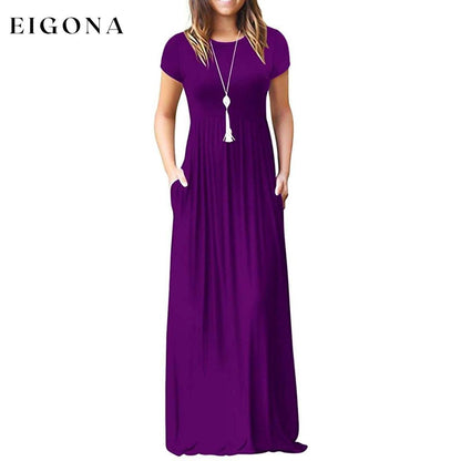 Women's Short Sleeve Loose Casual Long Dresses with Pockets Dark Purple __stock:200 casual dresses clothes dresses refund_fee:1200 show-color-swatches