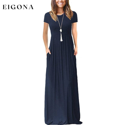 Women's Short Sleeve Loose Casual Long Dresses with Pockets Navy Blue __stock:200 casual dresses clothes dresses refund_fee:1200 show-color-swatches