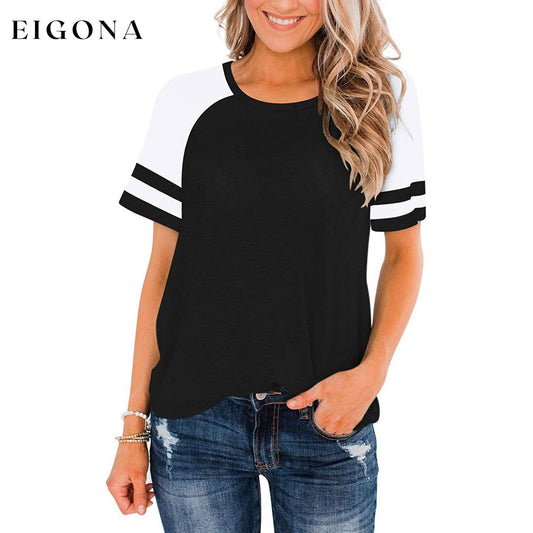 Womens Short Sleeve Shirts Crew Neck Color Block Black __stock:200 clothes refund_fee:800 tops