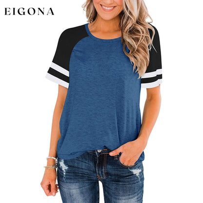 Womens Short Sleeve Shirts Crew Neck Color Block Blue __stock:200 clothes refund_fee:800 tops