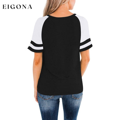 Womens Short Sleeve Shirts Crew Neck Color Block __stock:200 clothes refund_fee:800 tops