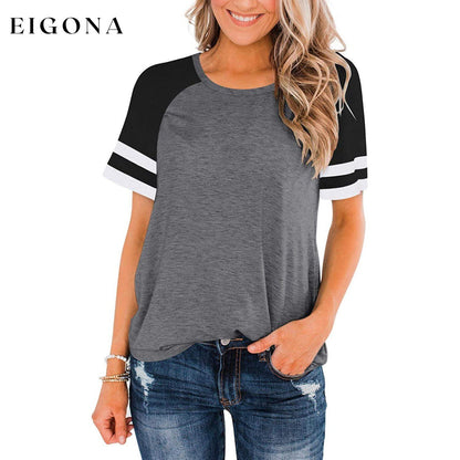Womens Short Sleeve Shirts Crew Neck Color Block Gray __stock:200 clothes refund_fee:800 tops
