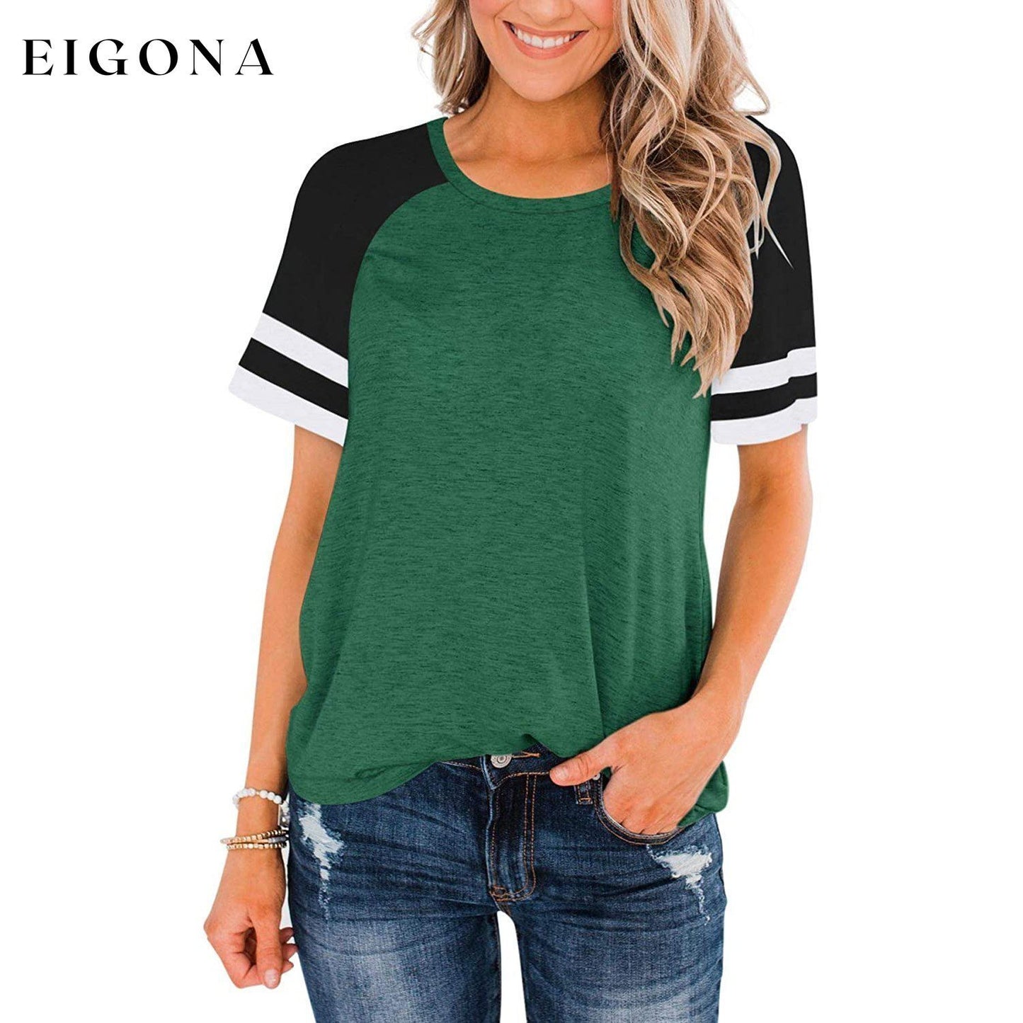 Womens Short Sleeve Shirts Crew Neck Color Block Green __stock:200 clothes refund_fee:800 tops
