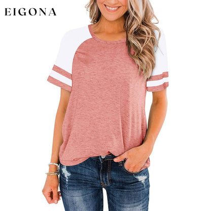 Womens Short Sleeve Shirts Crew Neck Color Block Pink __stock:200 clothes refund_fee:800 tops