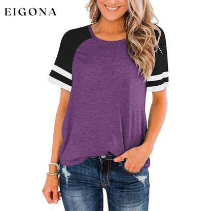 Womens Short Sleeve Shirts Crew Neck Color Block Purple __stock:200 clothes refund_fee:800 tops