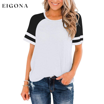 Womens Short Sleeve Shirts Crew Neck Color Block White __stock:200 clothes refund_fee:800 tops