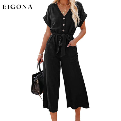 Women's Short Sleeve V Neck Button Belt Wide Leg Jumpsuit Black __stock:200 casual dresses clothes dresses refund_fee:1200