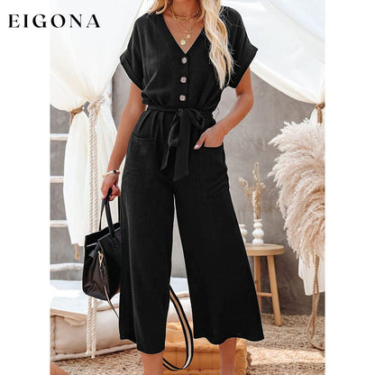 Women's Short Sleeve V Neck Button Belt Wide Leg Jumpsuit __stock:200 casual dresses clothes dresses refund_fee:1200