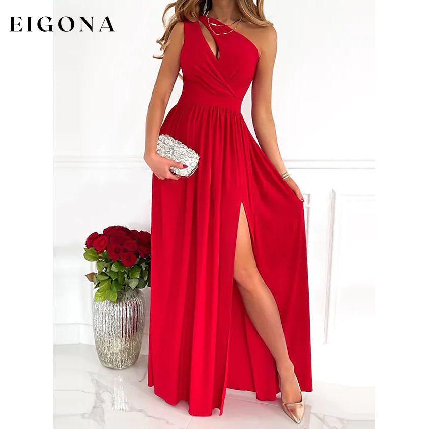 Women's Sleeveless One Shoulder Elegant Dress Red __stock:200 casual dresses clothes dresses refund_fee:1200