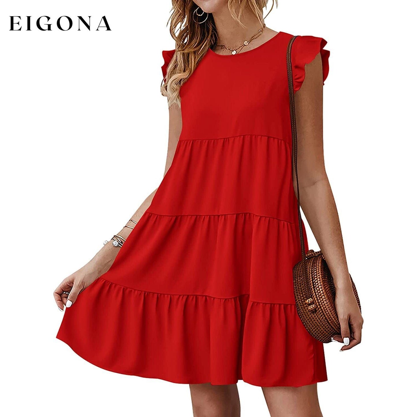 Women's Sleeveless Ruffle Sleeve Summer Dress Red __stock:200 casual dresses clothes dresses refund_fee:1200