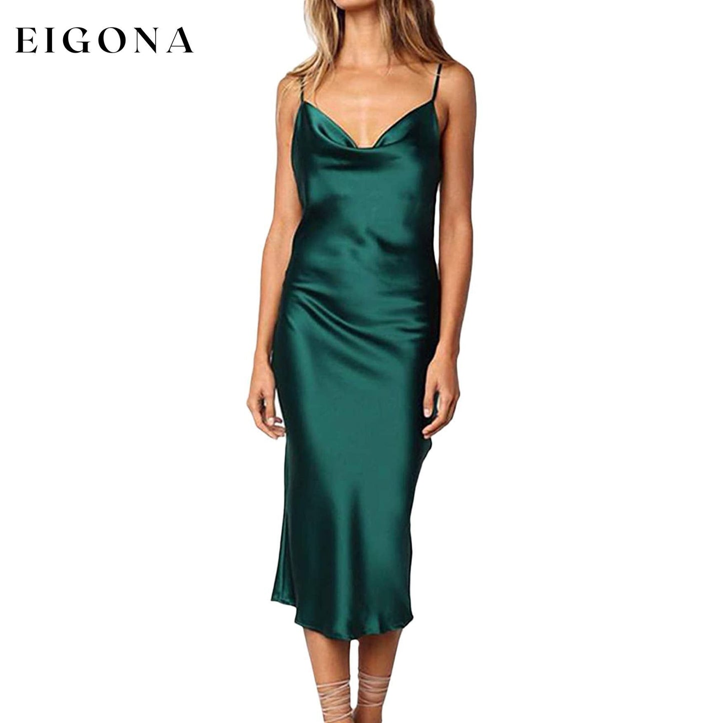 Women's Sleeveless Spaghetti Strap Satin Dress Green __stock:200 casual dresses clothes dresses refund_fee:1200