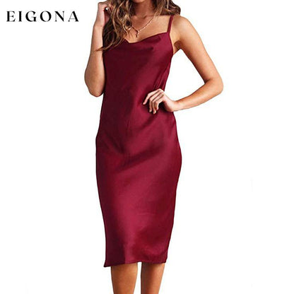 Women's Sleeveless Spaghetti Strap Satin Dress Wine Red __stock:200 casual dresses clothes dresses refund_fee:1200