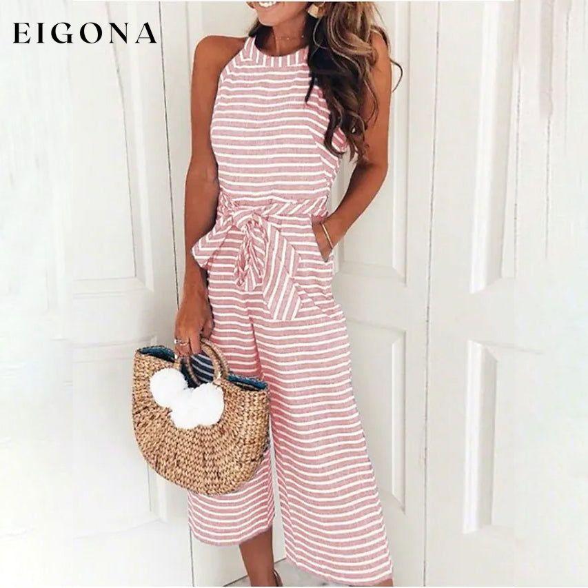 Women's Solid Color Crew Neck Casual Jumpsuit Pink __stock:200 casual dresses clothes dresses refund_fee:1200