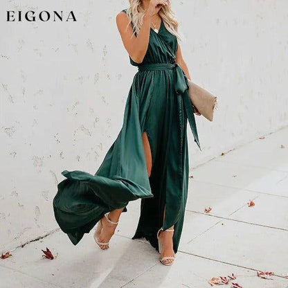 Women's Solid Color Slit Tie Maxi Dress Green __stock:200 casual dresses clothes dresses refund_fee:1200 show-color-swatches