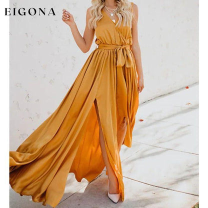 Women's Solid Color Slit Tie Maxi Dress Yellow __stock:200 casual dresses clothes dresses refund_fee:1200 show-color-swatches