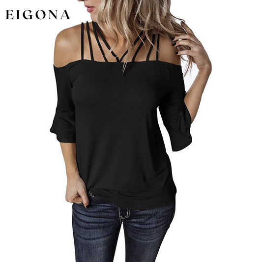 Womens Spaghetti Straps Cold Shoulder Shirts Black __stock:200 clothes refund_fee:800 tops