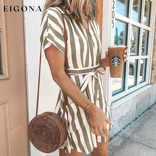 Womens Stripe Short Sleeve Wrap V Neck Button Front Tie Belted Dress __stock:500 casual dresses clothes dresses refund_fee:800