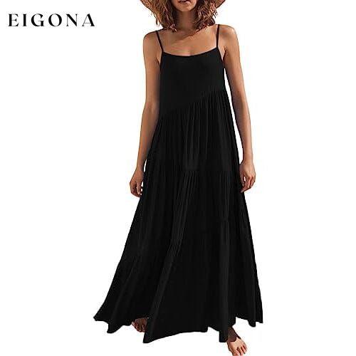 Women’s Summer Casual Loose Sleeveless Spaghetti Strap Asymmetric Tiered Beach Maxi Long Dress Black __stock:200 casual dresses clothes dresses refund_fee:1200