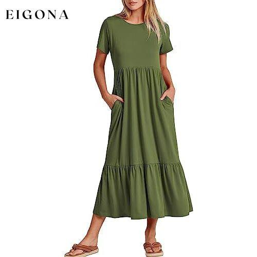 Women's Summer Casual Short Sleeve Crewneck Swing Dress Army Green __stock:200 casual dresses clothes dresses refund_fee:1200