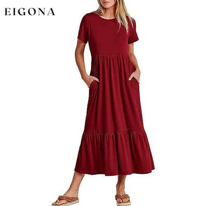 Women's Summer Casual Short Sleeve Crewneck Swing Dress Wine __stock:200 casual dresses clothes dresses refund_fee:1200