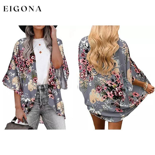 Women's Summer Kimono Cardigan Cover Up in Leopard and Floral Gray __stock:500 clothes refund_fee:800 show-color-swatches tops