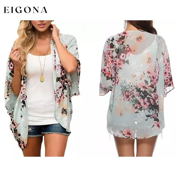 Women's Summer Kimono Cardigan Cover Up in Leopard and Floral Mint __stock:500 clothes refund_fee:800 show-color-swatches tops