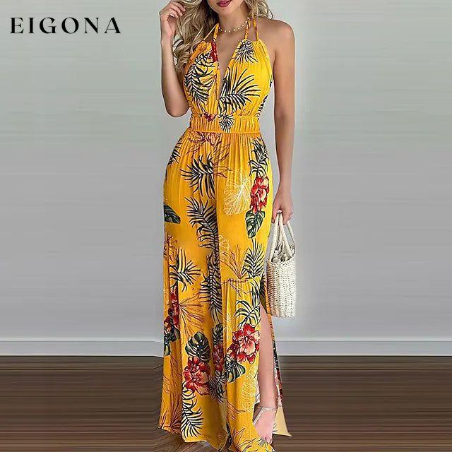 Women's Summer New Digital Printing Colorful Slit Jumpsuit Yellow __stock:200 casual dresses clothes dresses refund_fee:1200 show-color-swatches