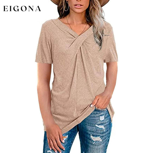 Women's Summer Shirts V Neck Short Sleeve Tops Cross Knot Apricot __stock:200 clothes refund_fee:800 tops