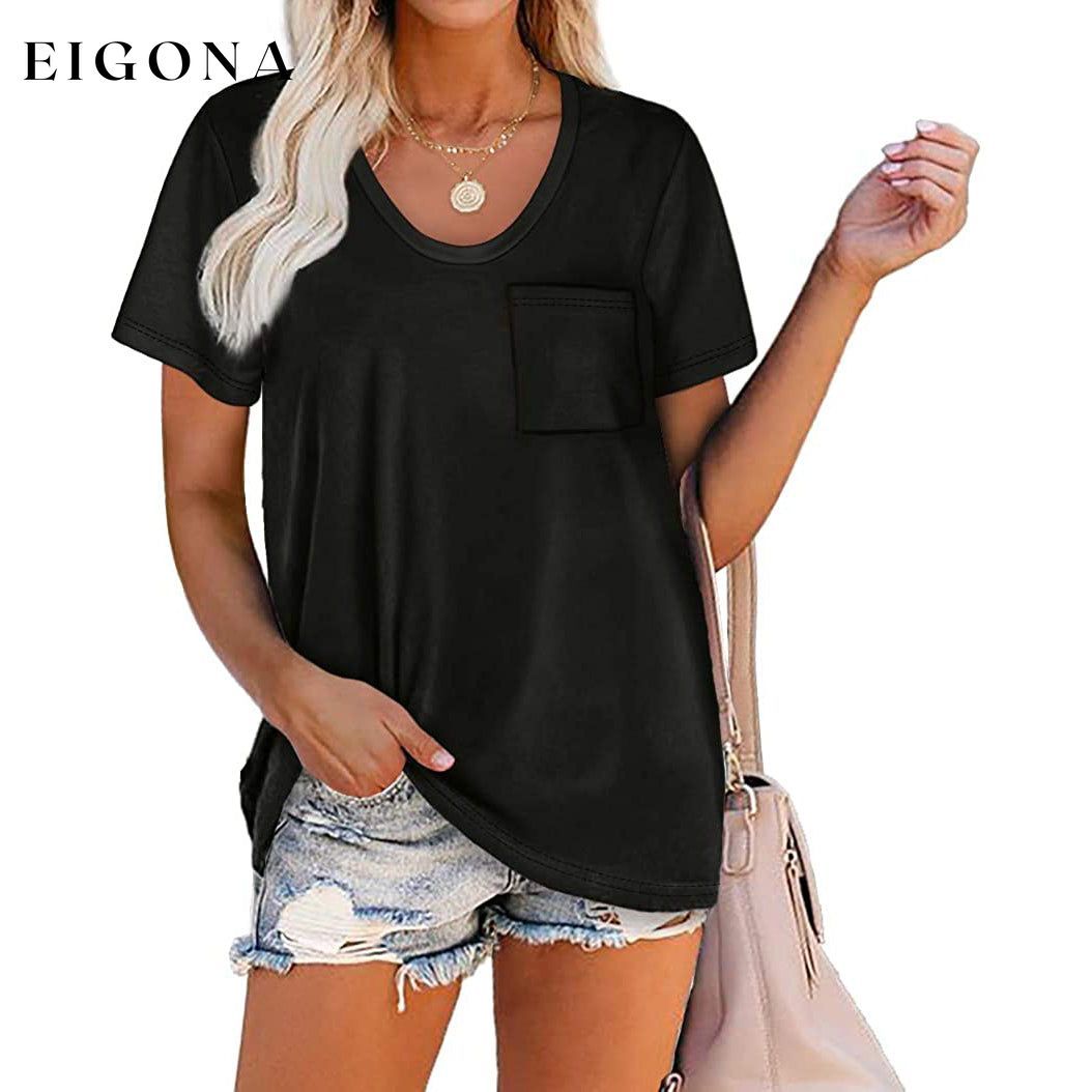 Women's Summer Short Sleeve Crew Neck Pocket Top Black __stock:200 clothes refund_fee:800 tops